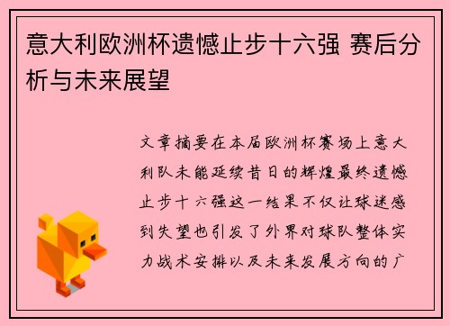 意大利欧洲杯遗憾止步十六强 赛后分析与未来展望