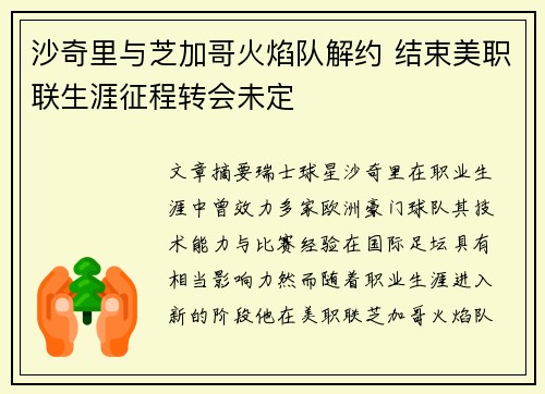 沙奇里与芝加哥火焰队解约 结束美职联生涯征程转会未定